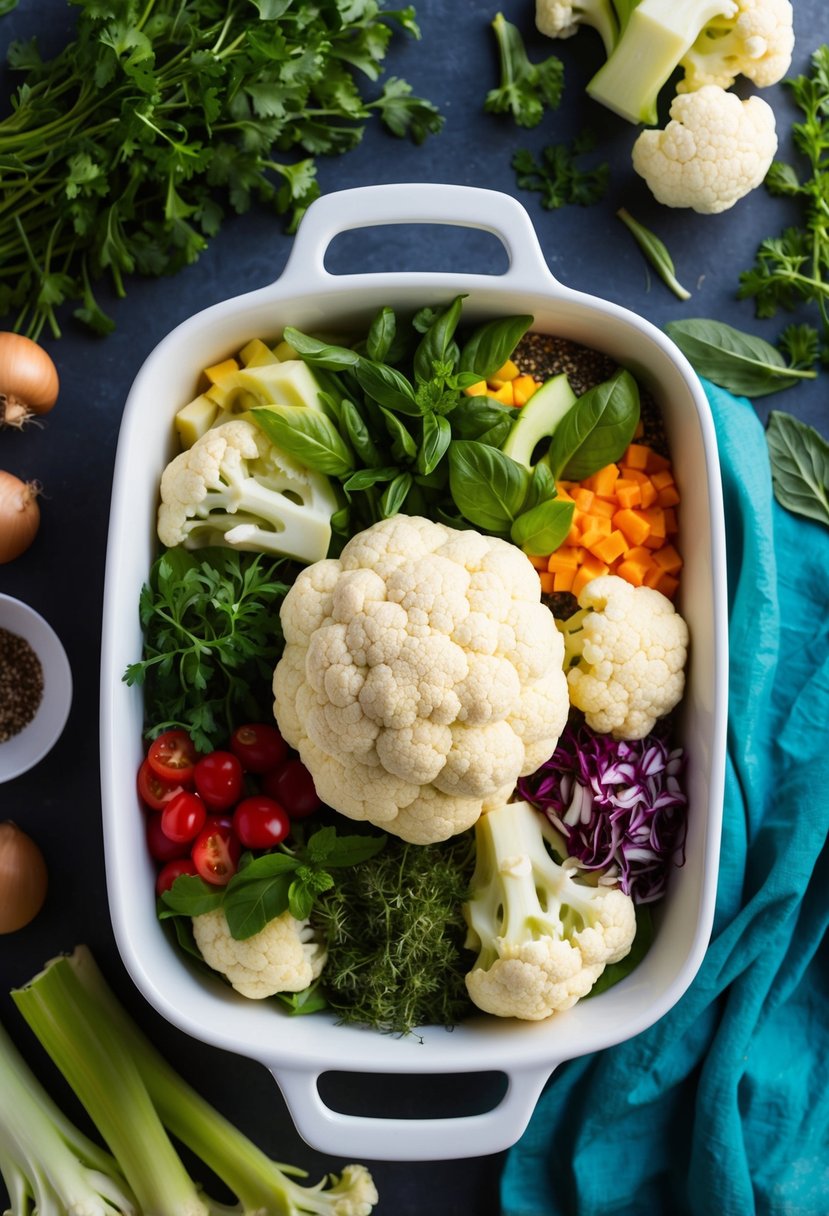 A colorful array of fresh cauliflower, vibrant herbs, and wholesome ingredients arranged in a baking dish, ready to be transformed into a delicious Loma Linda Cauliflower Casserole