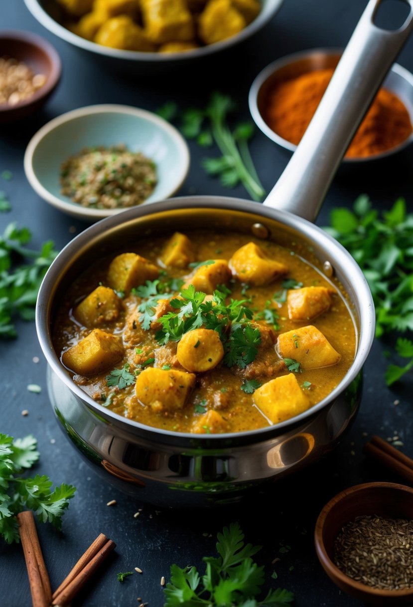 A steaming pot of Dum Aloo surrounded by aromatic spices and herbs