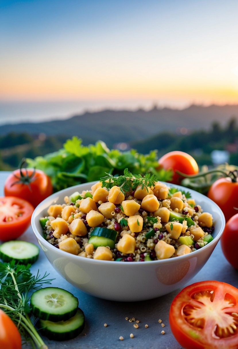 A bowl of chickpea and quinoa salad surrounded by fresh ingredients like tomatoes, cucumbers, and herbs, with a backdrop of a serene Loma Linda landscape