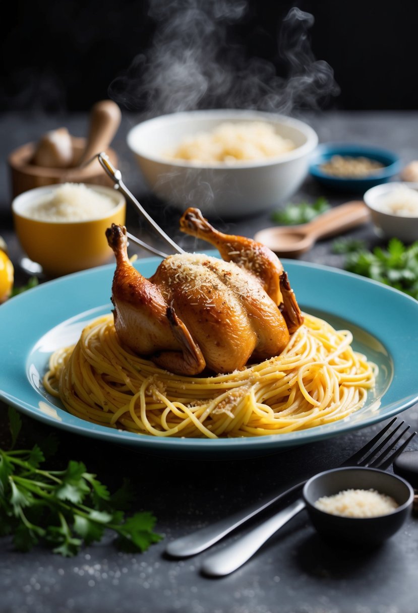 A steaming plate of spaghetti topped with garlic parmesan rotisserie chicken, surrounded by ingredients and cooking utensils