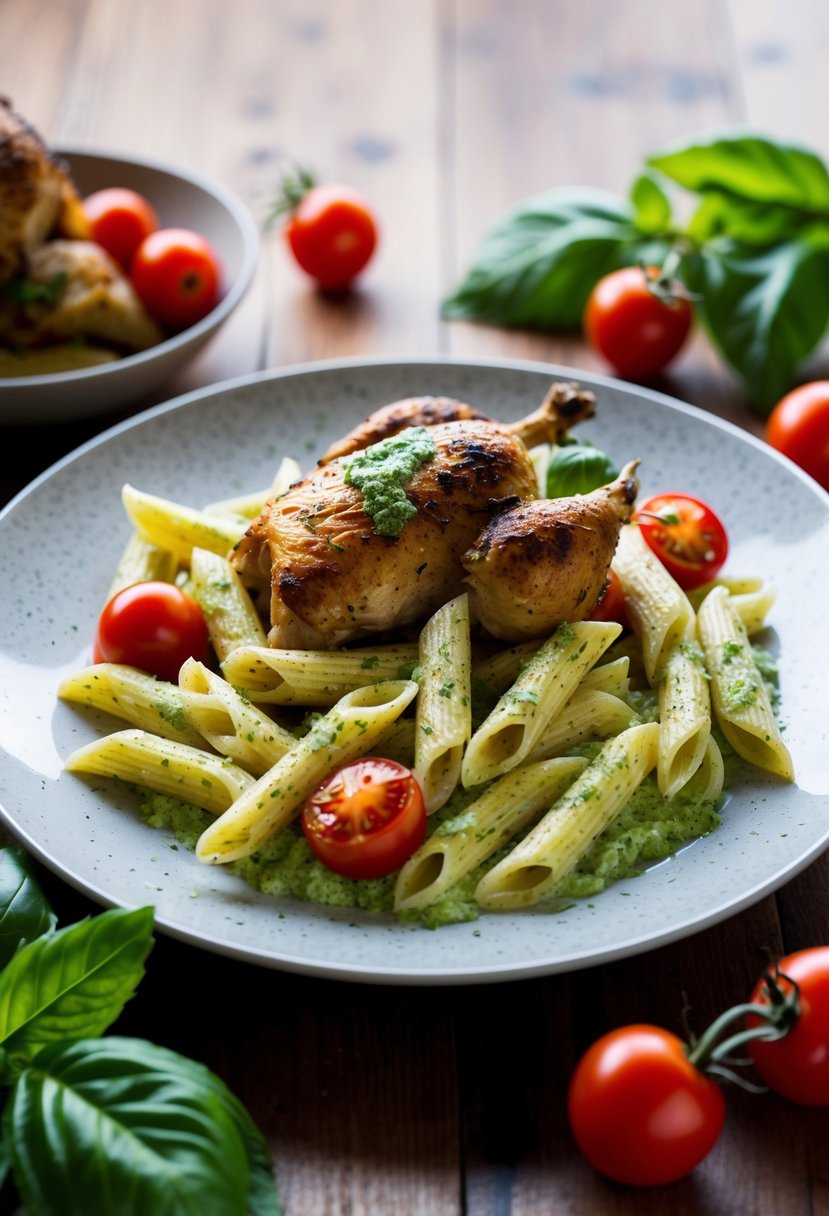 A steaming plate of creamy pesto penne pasta topped with succulent rotisserie chicken, surrounded by fresh basil leaves and cherry tomatoes