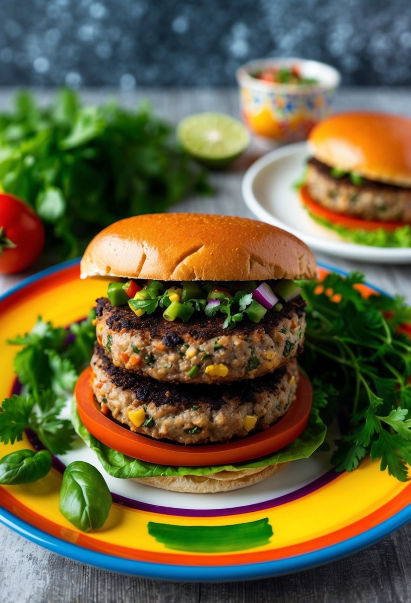 A colorful plate with zesty black bean burgers surrounded by fresh vegetables and herbs