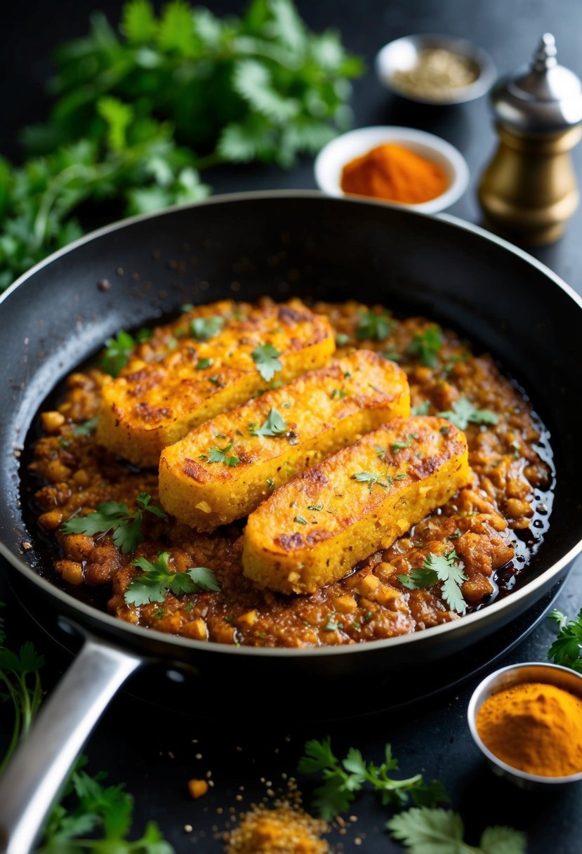 Golden-brown Aloo Tikki sizzling on a hot skillet, surrounded by aromatic spices and fresh herbs