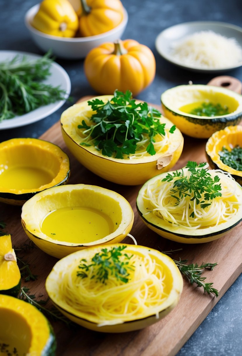 A colorful array of fresh spaghetti squash, herbs, and olive oil on a wooden cutting board, ready to be prepped for roasting