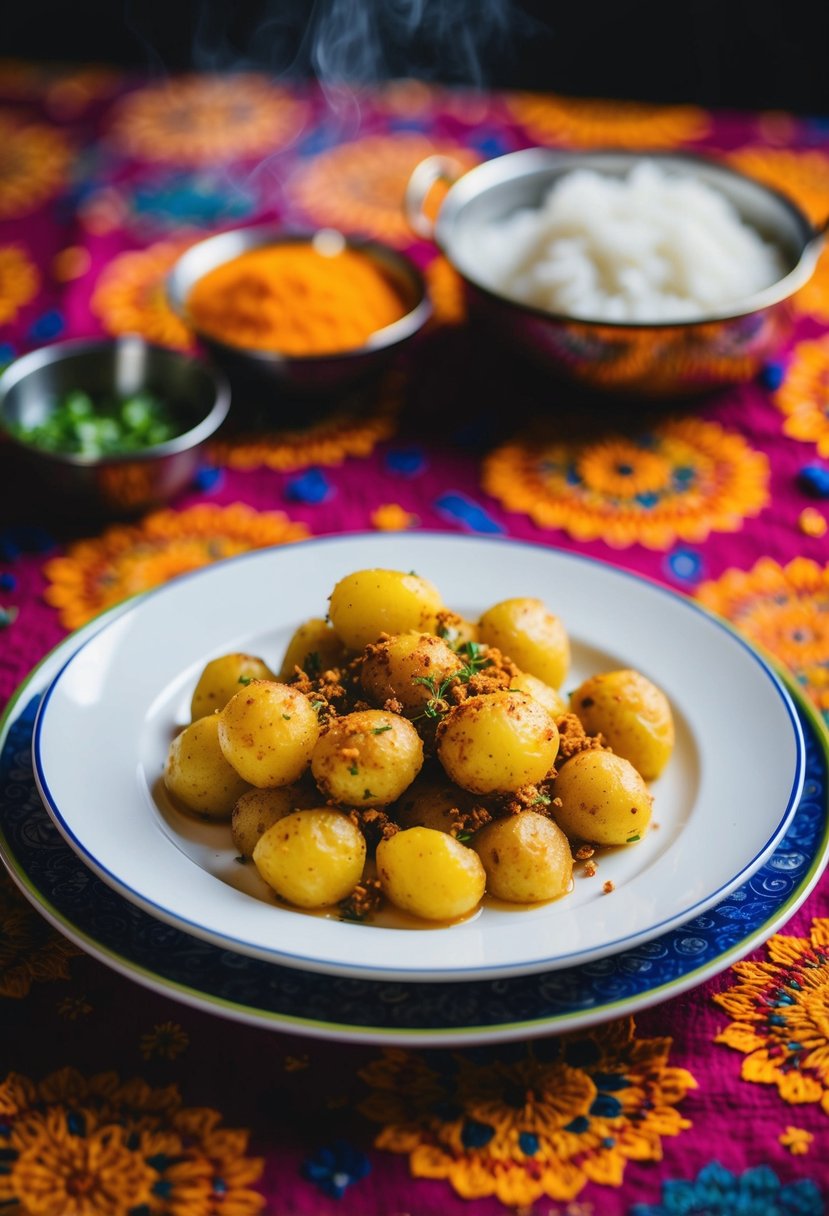 A steaming plate of Jeera Aloo, with golden potatoes coated in fragrant spices, sits on a vibrant Indian tablecloth