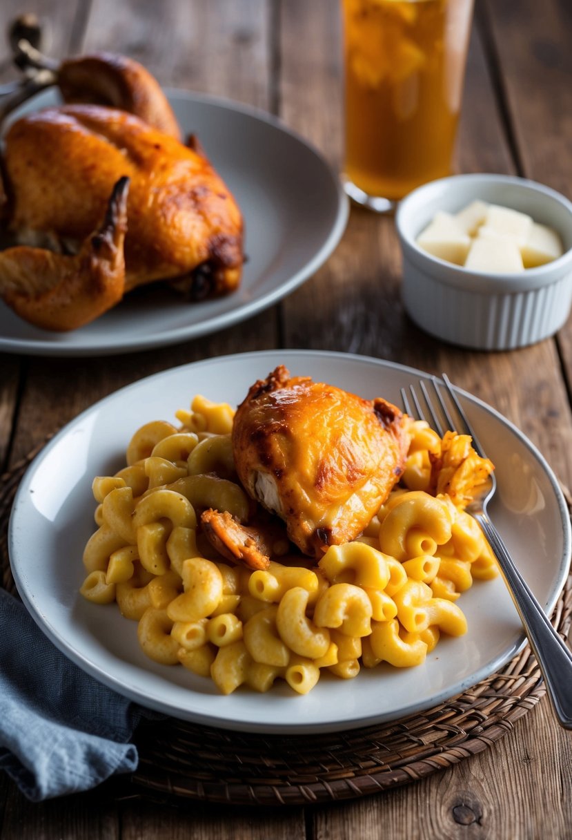 A steaming plate of buffalo rotisserie chicken mac and cheese, with a side of rotisserie chicken, sits on a rustic wooden table