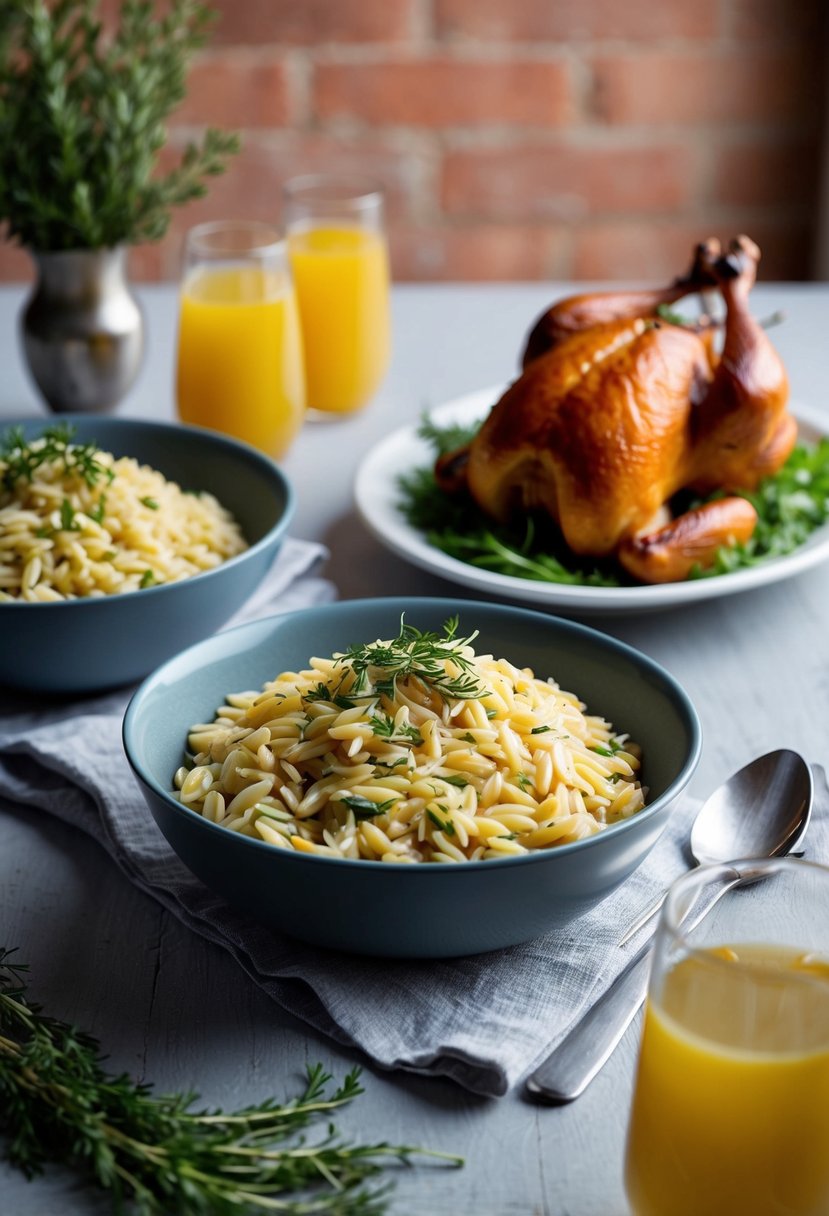 A table set with a steaming bowl of orzo pasta, accompanied by a platter of succulent rotisserie chicken, garnished with fresh Mediterranean herbs