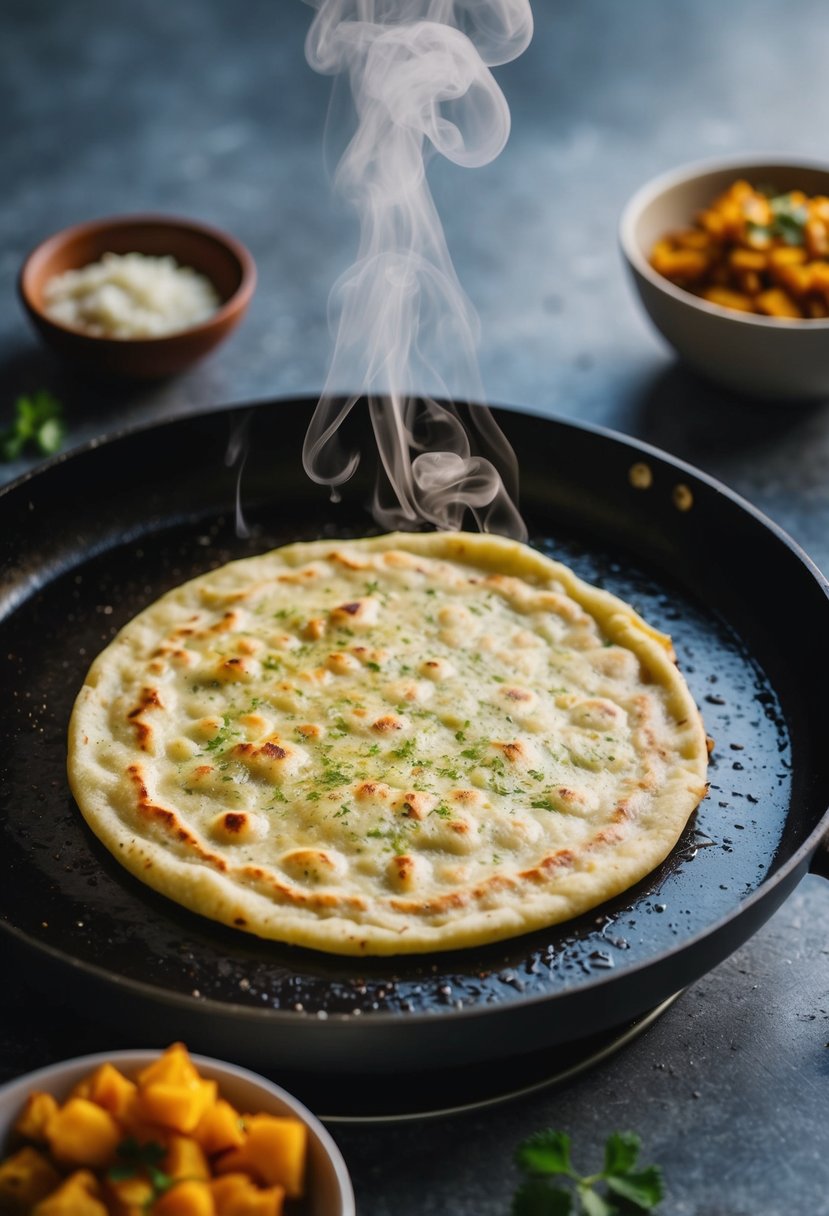 Aloo Paratha being cooked on a hot griddle, steam rising, with a bowl of spiced potato filling nearby