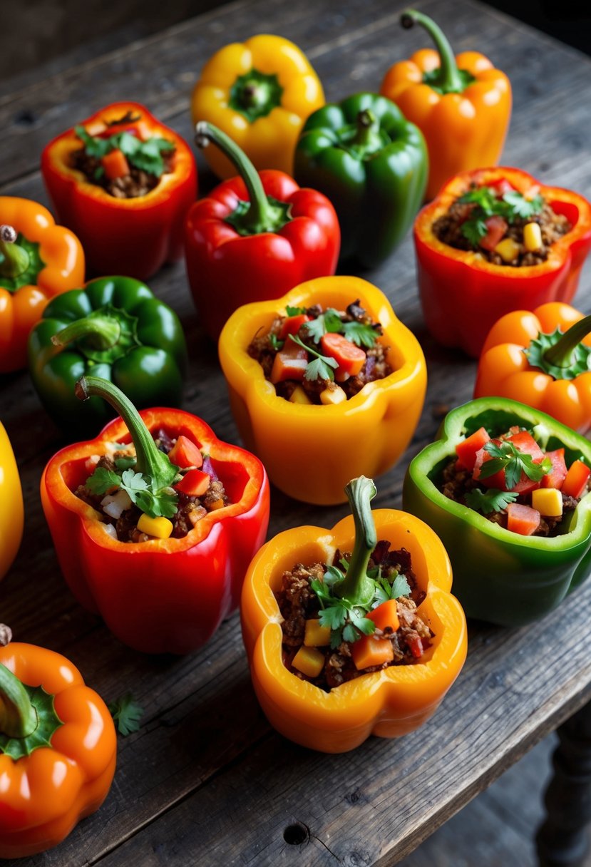 A colorful array of bell peppers, filled with a delicious mixture of Loma Linda ingredients, arranged on a rustic wooden table