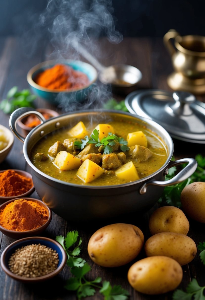 A steaming pot of aloo curry surrounded by vibrant Indian spices and a pile of freshly cooked potatoes