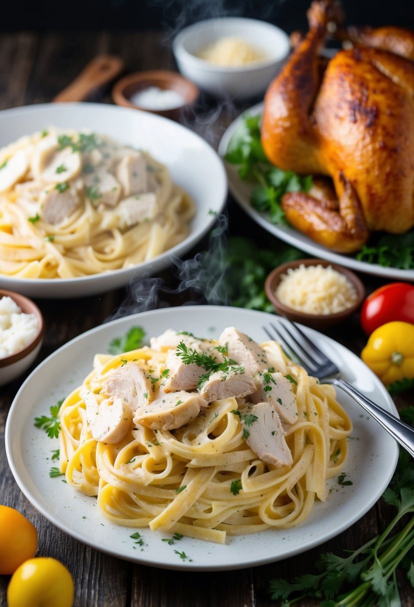 A steaming plate of creamy Rotisserie Chicken Alfredo pasta, surrounded by fresh ingredients and a whole rotisserie chicken ready to be carved