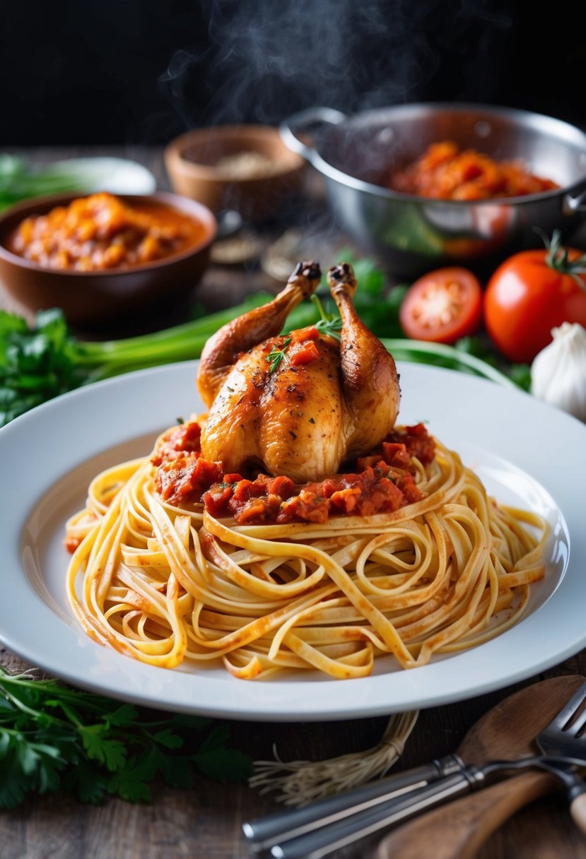 A steaming plate of linguine pasta topped with spicy tomato sauce and rotisserie chicken, surrounded by fresh ingredients and cooking utensils