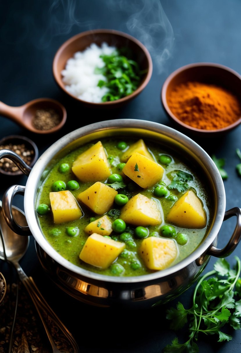 A steaming pot of Aloo Matar curry with chunks of potato and vibrant green peas, surrounded by traditional Indian spices and herbs