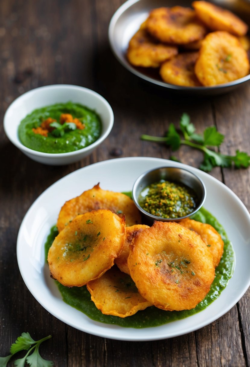 A plate of golden-fried Batata Vada, accompanied by green chutney and a sprinkle of spices on a rustic wooden table