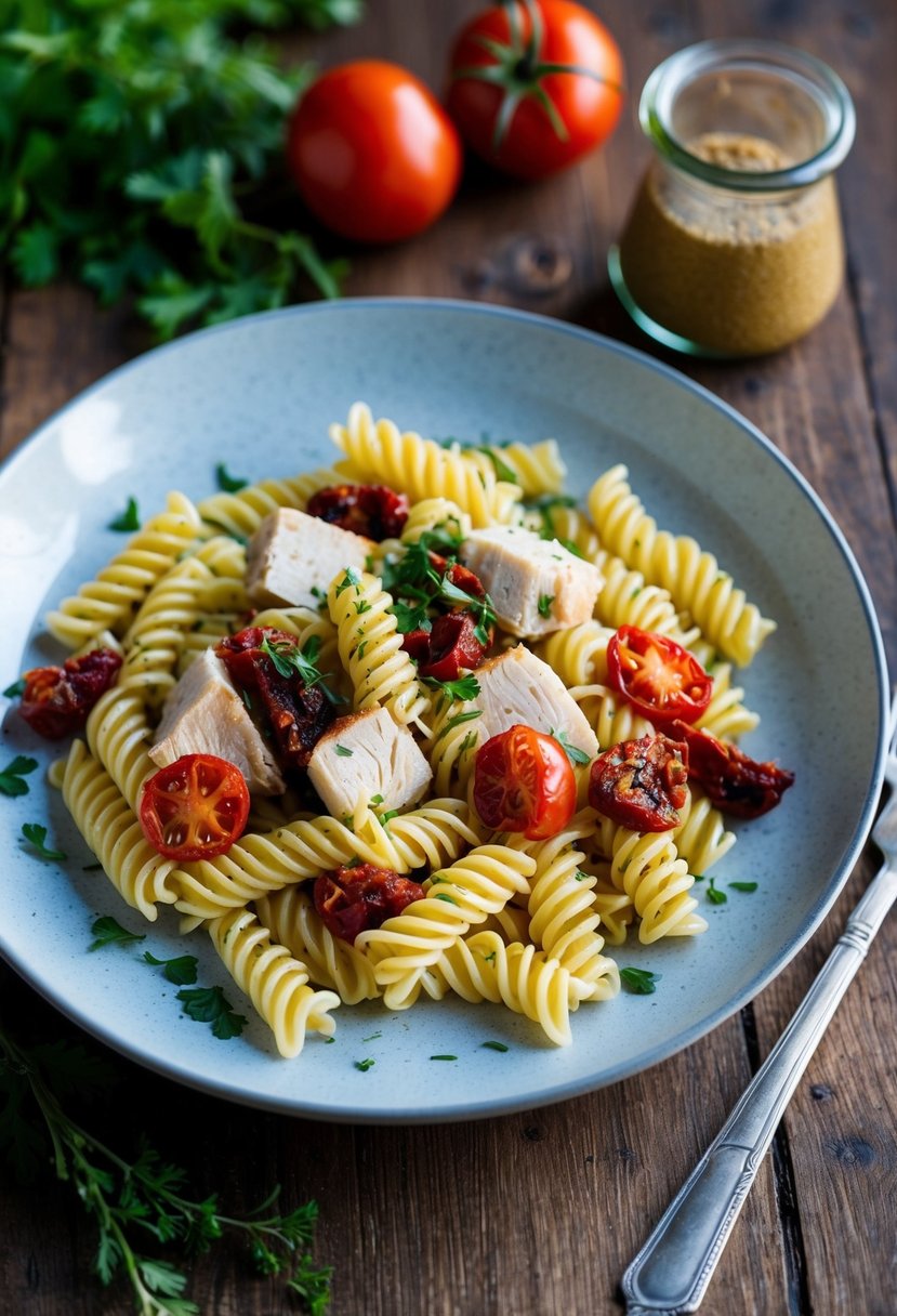 A steaming plate of fusilli pasta with sun-dried tomatoes and chunks of rotisserie chicken, garnished with fresh herbs on a rustic wooden table