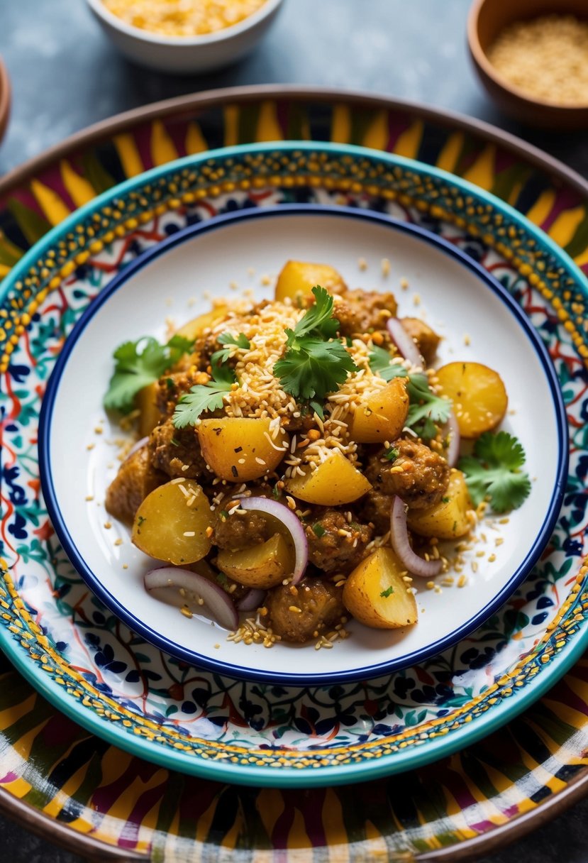 A plate of Aloo Chaat with spiced potatoes, onions, and chutney, garnished with cilantro and sev, served on a colorful, patterned platter