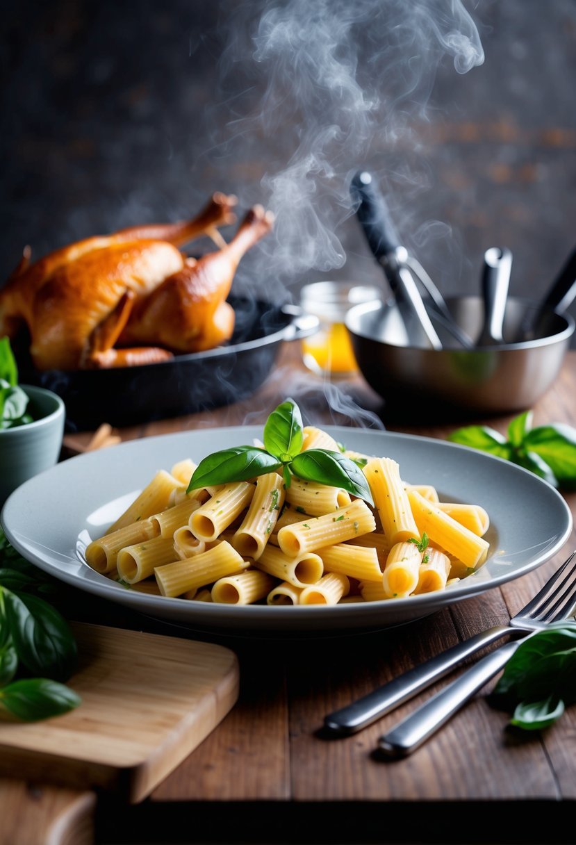 A steaming plate of rigatoni pasta topped with basil and rotisserie chicken, surrounded by fresh ingredients and cooking utensils