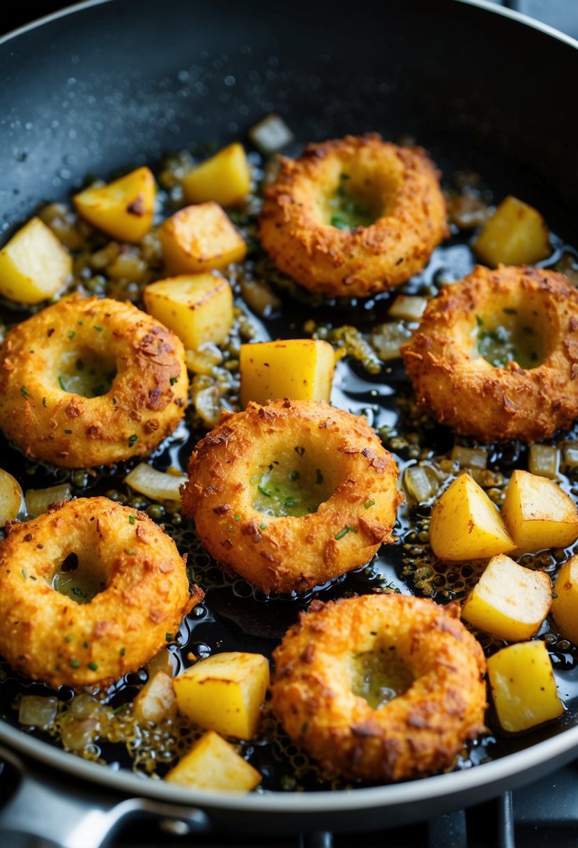 Golden-brown Aloo Pakoras frying in bubbling oil. Onions, spices, and potato chunks sizzle in the pan