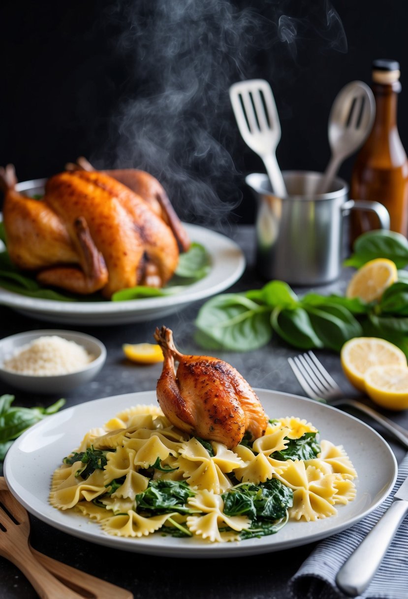 A steaming plate of spinach farfalle pasta topped with succulent rotisserie chicken, surrounded by fresh ingredients and cooking utensils