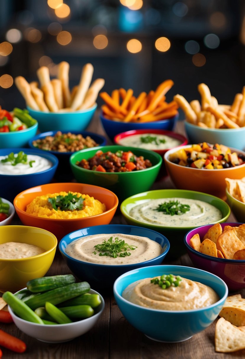 A variety of colorful bowls filled with different types of food dips surrounded by an assortment of dippable items such as vegetables, chips, and breadsticks