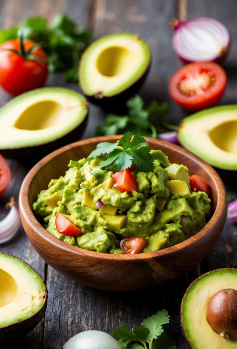 A wooden bowl filled with freshly made guacamole surrounded by halved avocados, tomatoes, onions, and cilantro on a rustic table