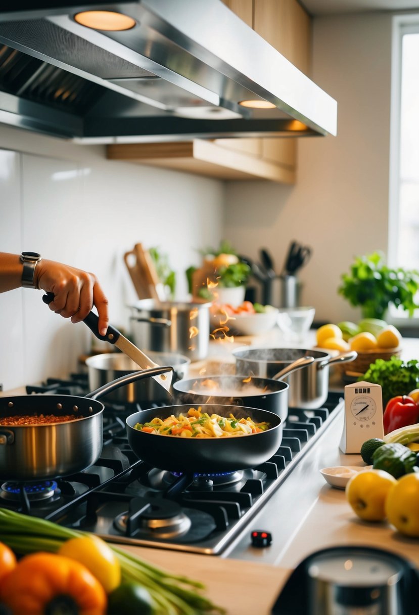 A bustling kitchen with pots and pans sizzling on the stove, fresh produce being chopped, and a timer ticking away on the counter