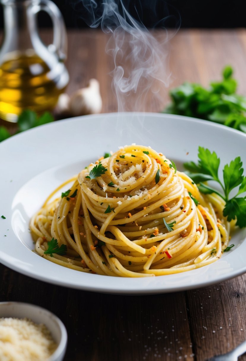 A steaming plate of spaghetti with garlic, olive oil, and red pepper flakes, garnished with fresh parsley and grated Parmesan cheese