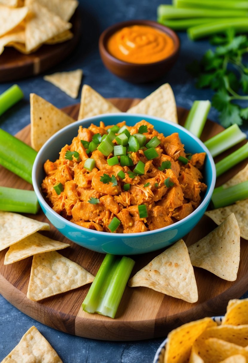 A bowl of buffalo chicken dip surrounded by tortilla chips and celery sticks on a wooden serving board