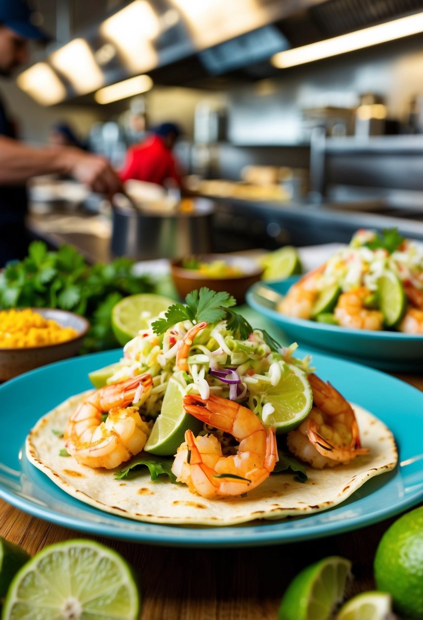 A plate of shrimp tacos topped with lime slaw, surrounded by vibrant ingredients and a fast-paced, bustling kitchen in the background