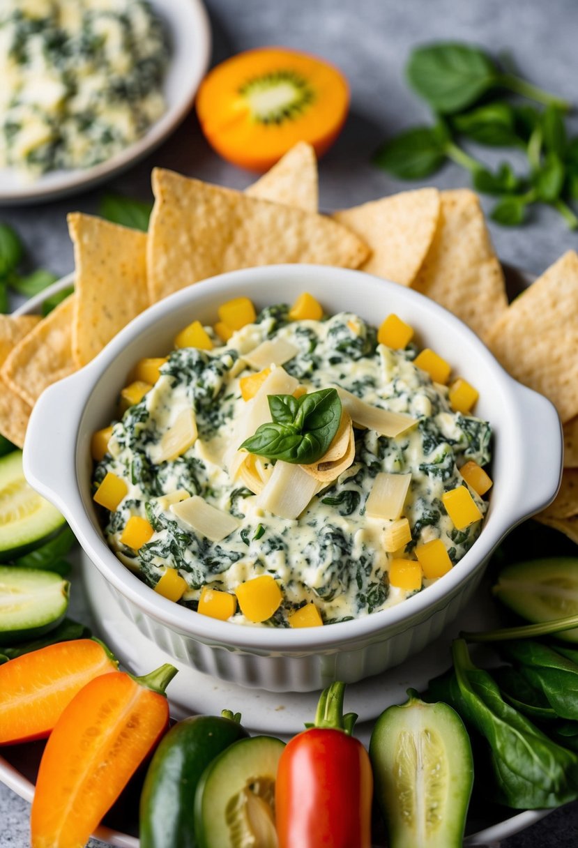 A creamy spinach artichoke dip sits in a white ceramic dish, surrounded by colorful vegetable slices and crispy tortilla chips