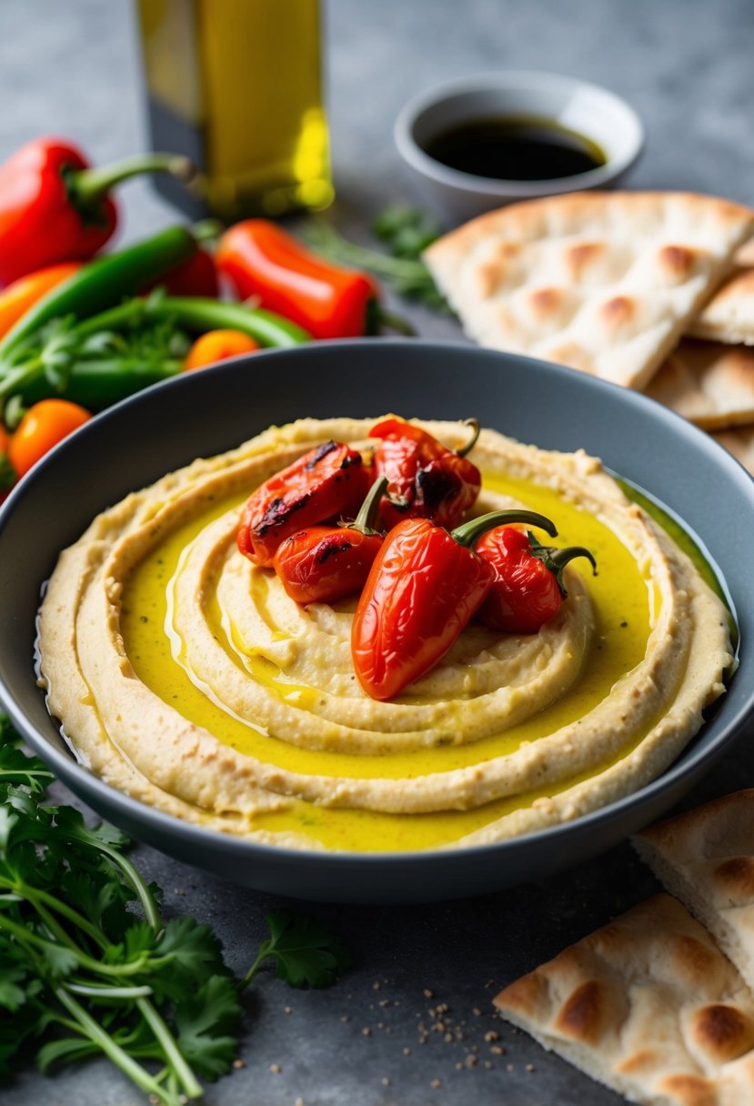 A bowl of creamy hummus topped with roasted red peppers and drizzled with olive oil, surrounded by pita bread and fresh vegetables