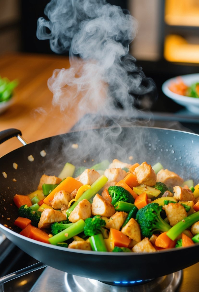 A sizzling wok filled with colorful vegetables and chunks of chicken, steam rising as the stir-fry is being prepared