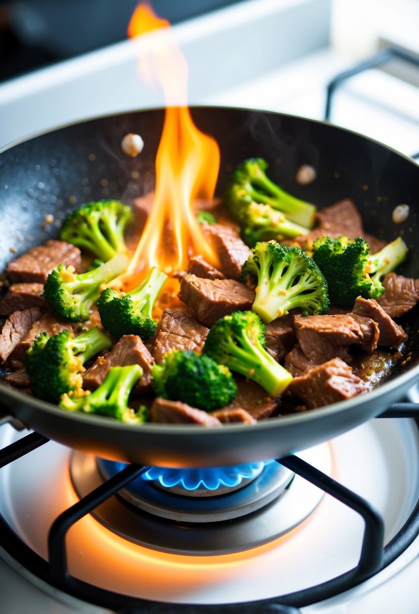 A sizzling skillet of beef and broccoli stir-fry cooking over a high flame on a gas stove