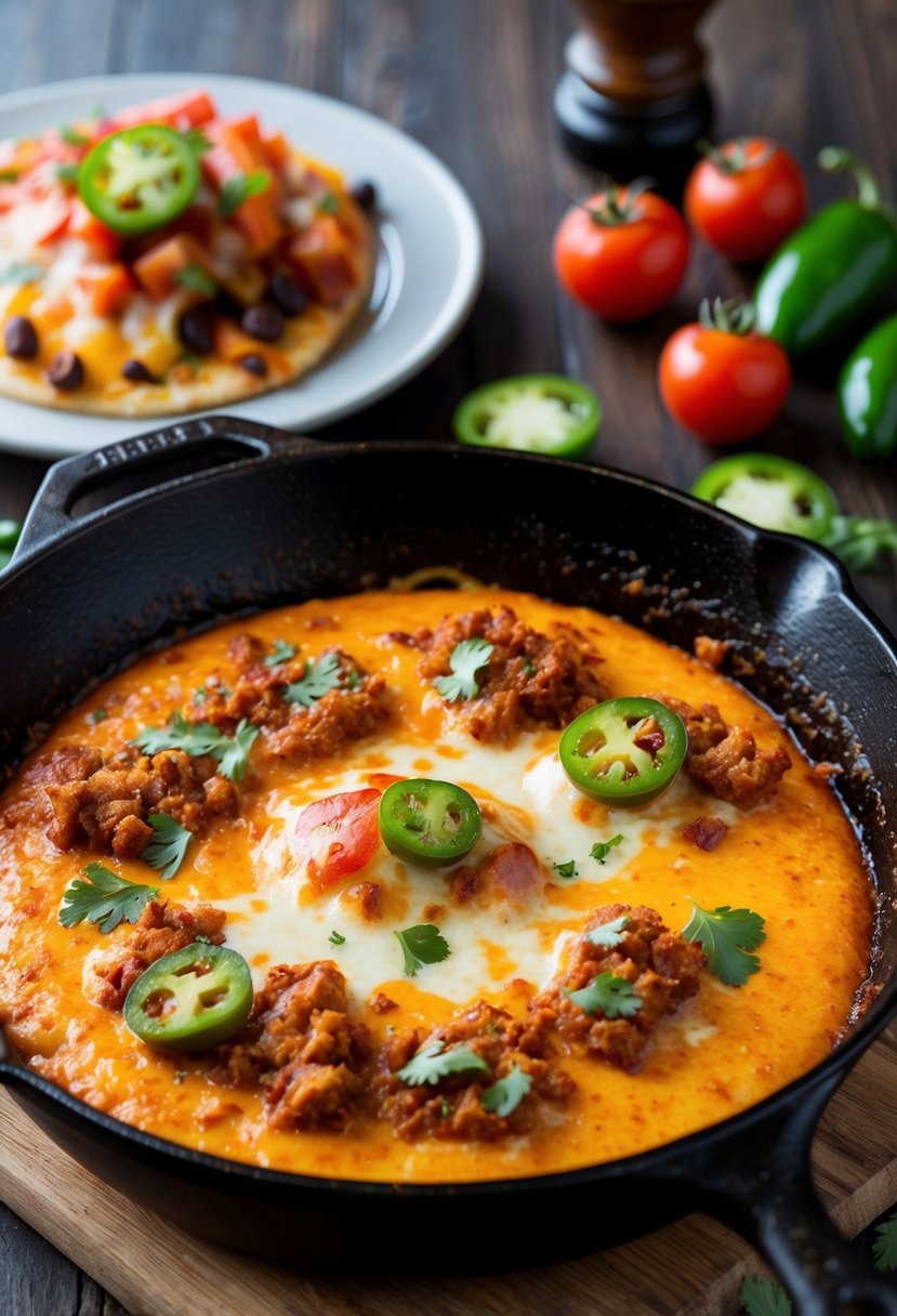 Molten cheese bubbling in a skillet surrounded by colorful toppings like chorizo, jalapenos, and tomatoes