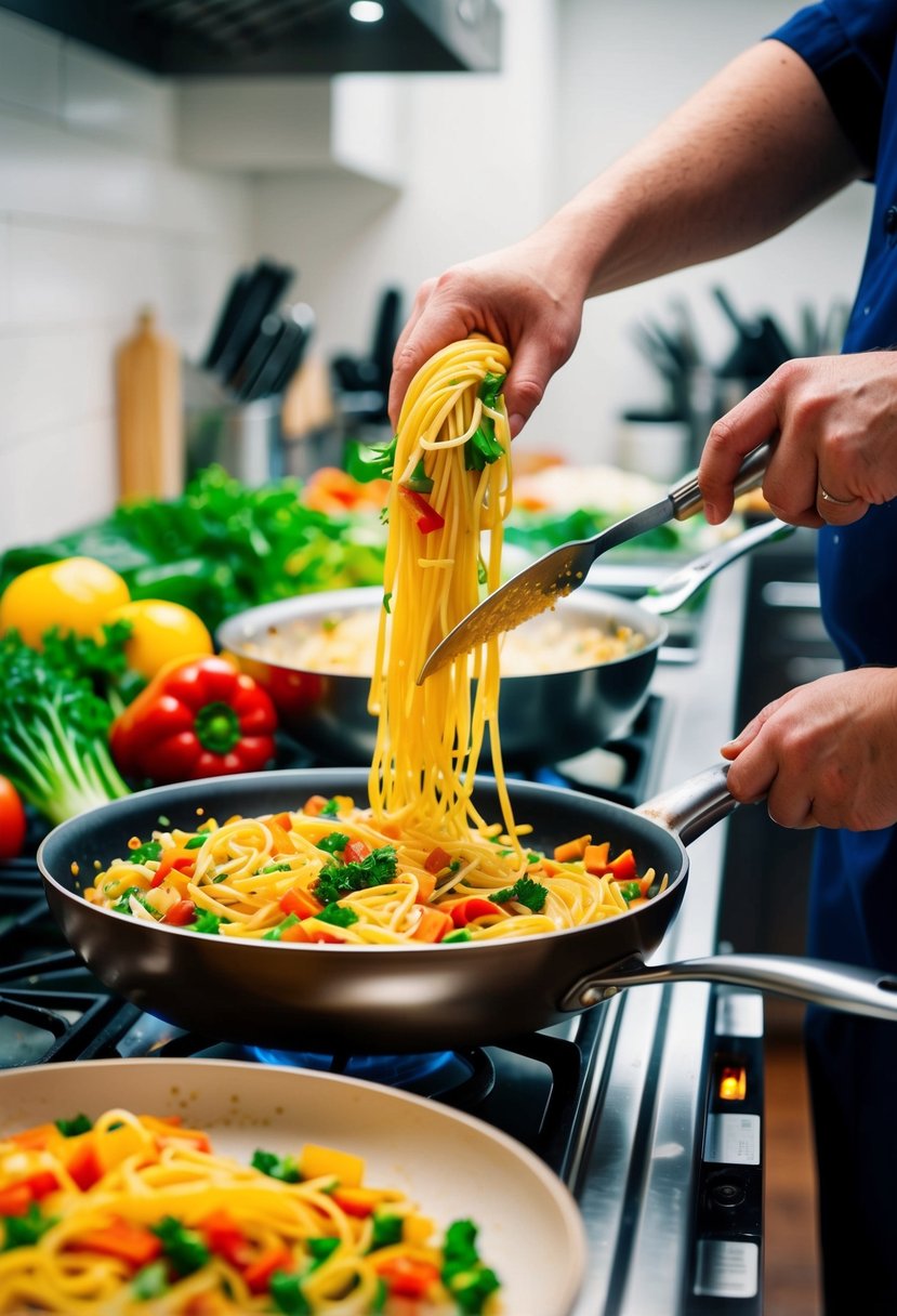 A bustling kitchen with colorful vegetables being chopped and pasta boiling on the stove. A chef expertly tosses the ingredients in a pan, creating a vibrant Pasta Primavera dish