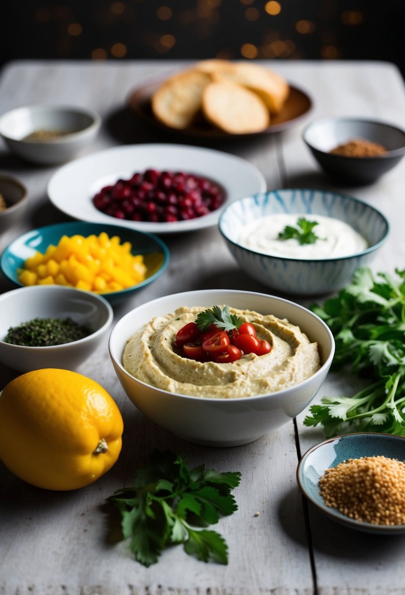 A table spread with ingredients for making Baba Ganoush dip