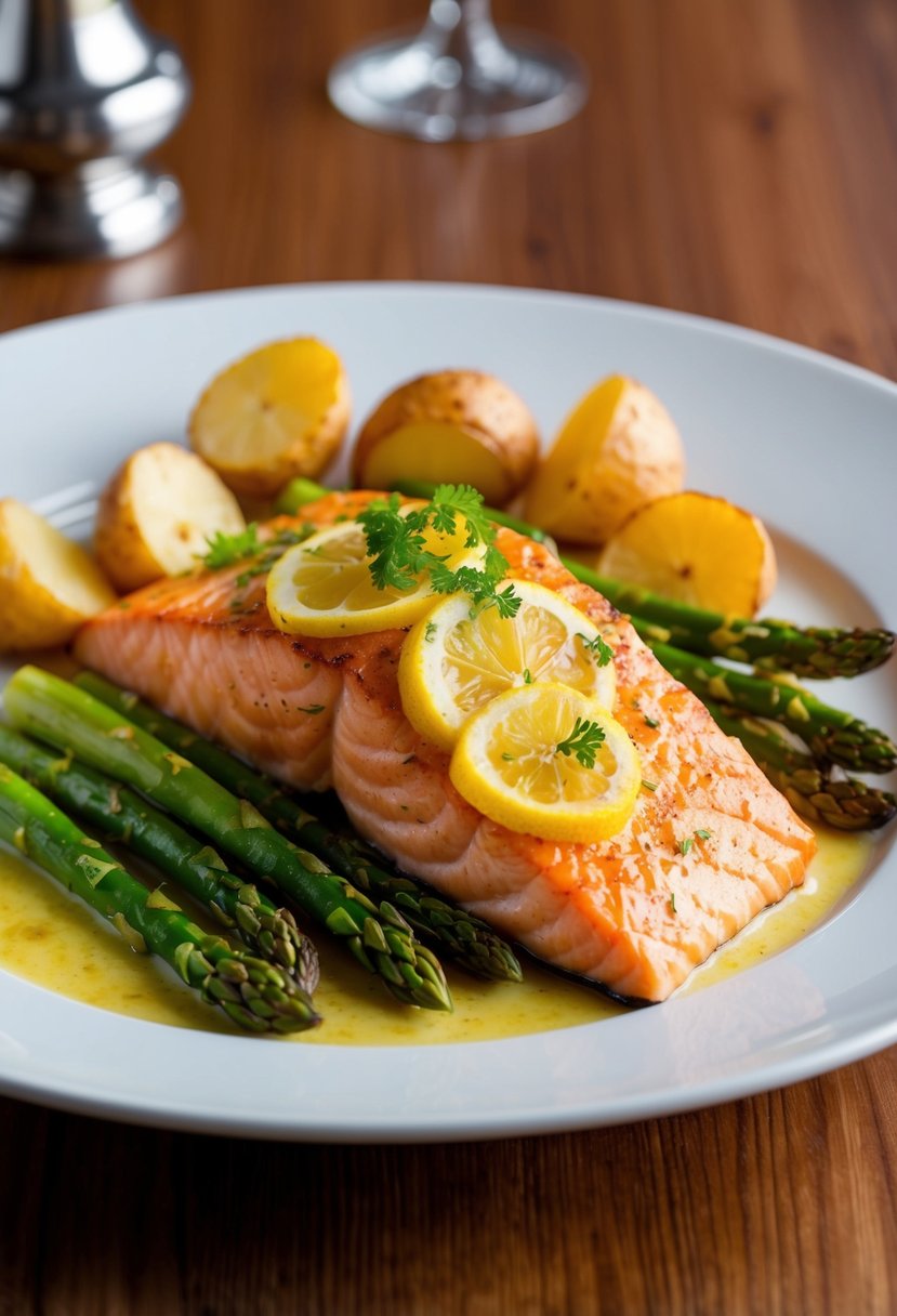 A sizzling salmon fillet coated in a zesty lemon garlic sauce, surrounded by vibrant green asparagus and golden roasted potatoes on a sleek white plate