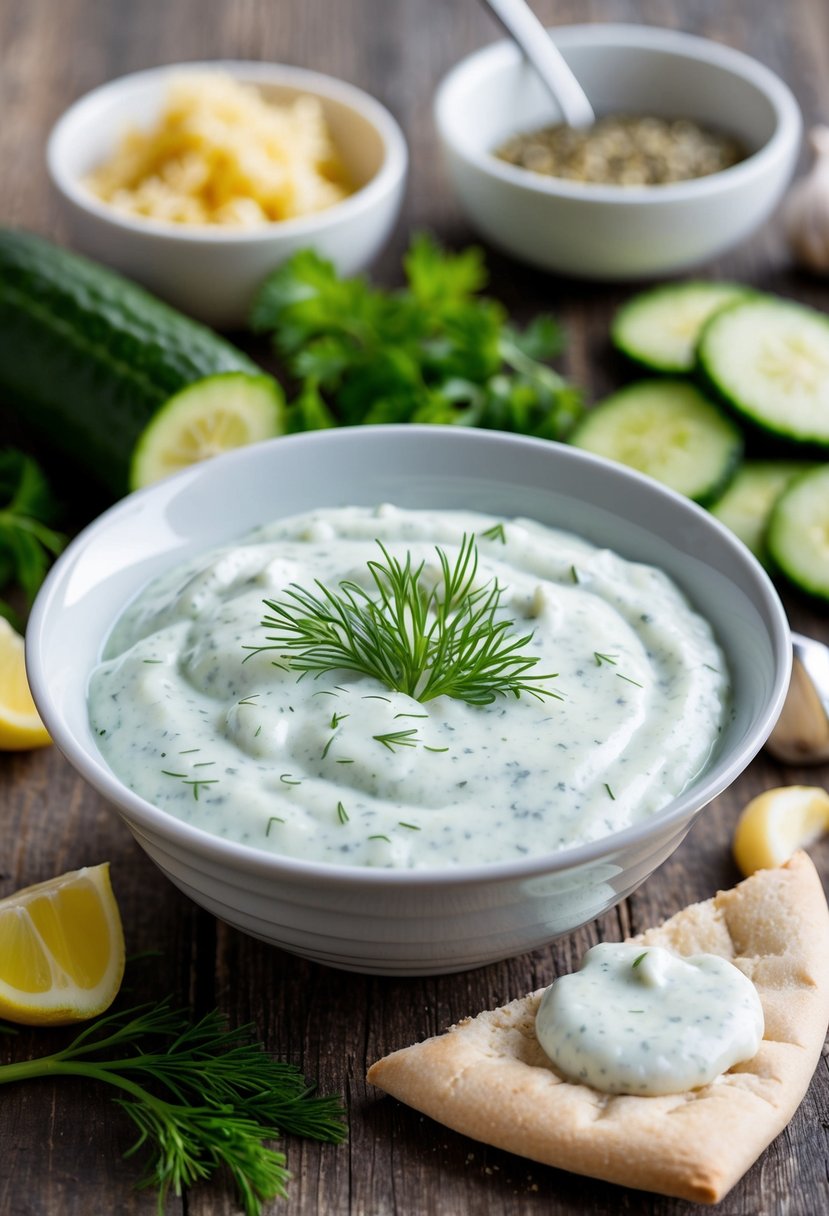 A bowl of Tzatziki sauce surrounded by fresh cucumber, dill, and garlic, with a dollop of sauce on a pita bread