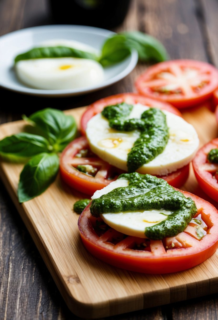 A wooden cutting board with sliced tomatoes, fresh mozzarella, and basil leaves, drizzled with pesto sauce