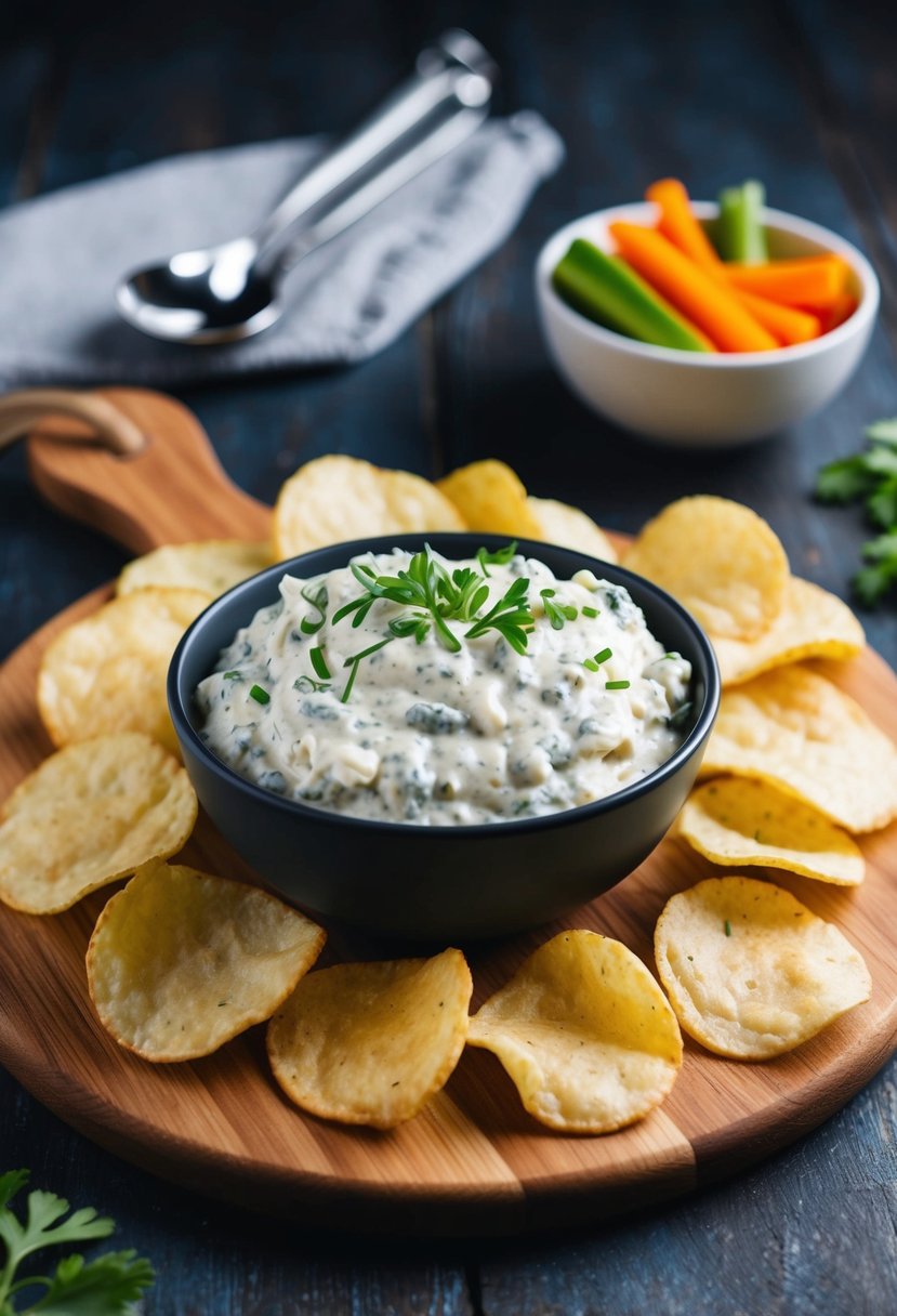 A bowl of French onion dip surrounded by potato chips and sliced vegetables on a wooden serving board