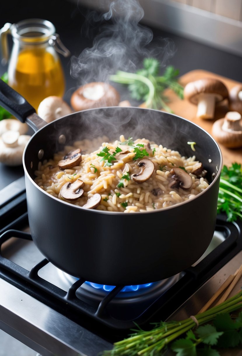 A steaming pot of creamy mushroom risotto cooking on a stove, surrounded by fresh ingredients like mushrooms, arborio rice, and herbs