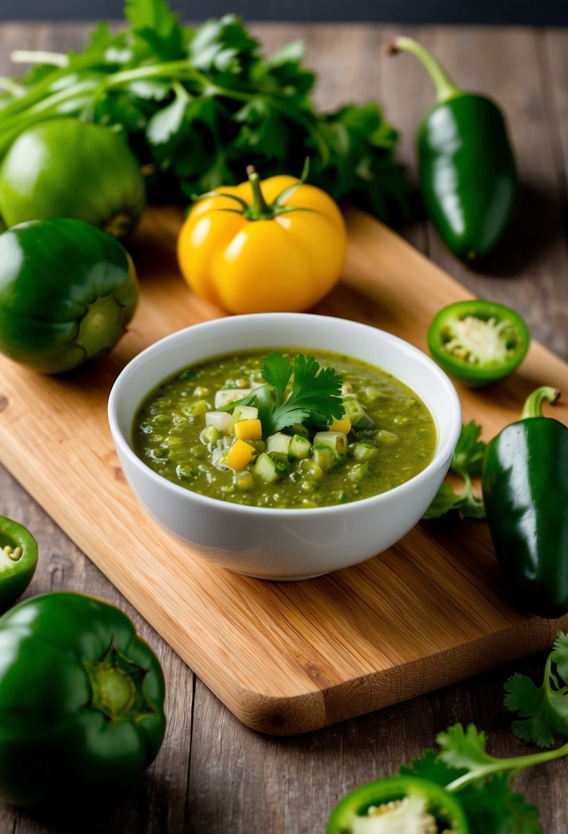 A bowl of Salsa Verde surrounded by fresh cilantro, tomatillos, and jalapeños on a wooden cutting board