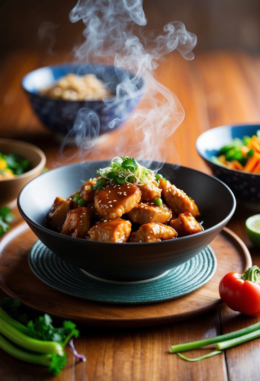 A steaming teriyaki chicken bowl surrounded by colorful vegetables on a wooden table