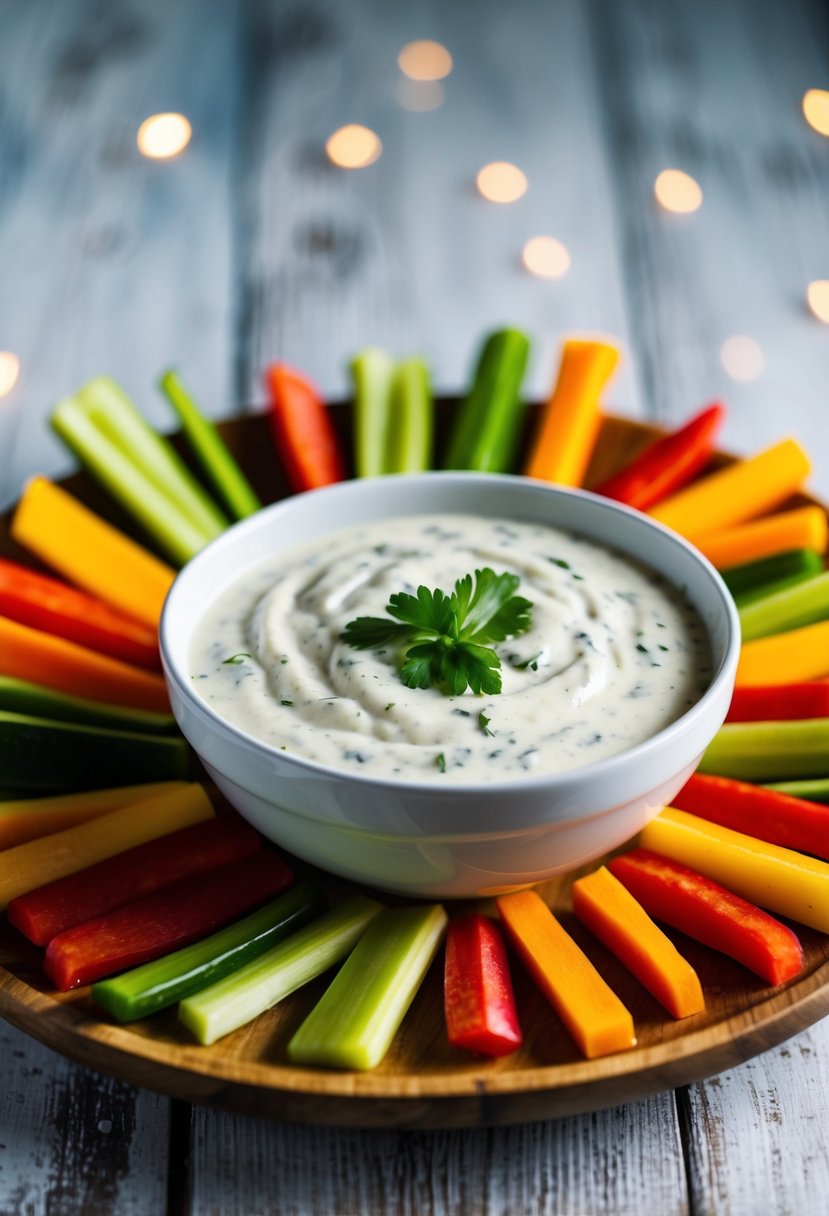 A bowl of ranch dressing dip surrounded by colorful vegetable sticks on a wooden platter