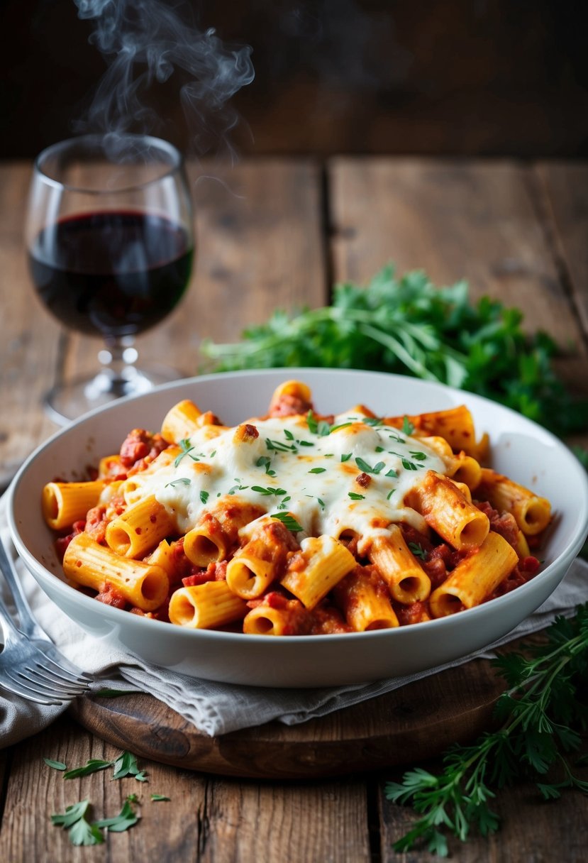 A steaming dish of baked ziti with ricotta, oozing with melted cheese, sits on a rustic wooden table surrounded by fresh herbs and a glass of red wine