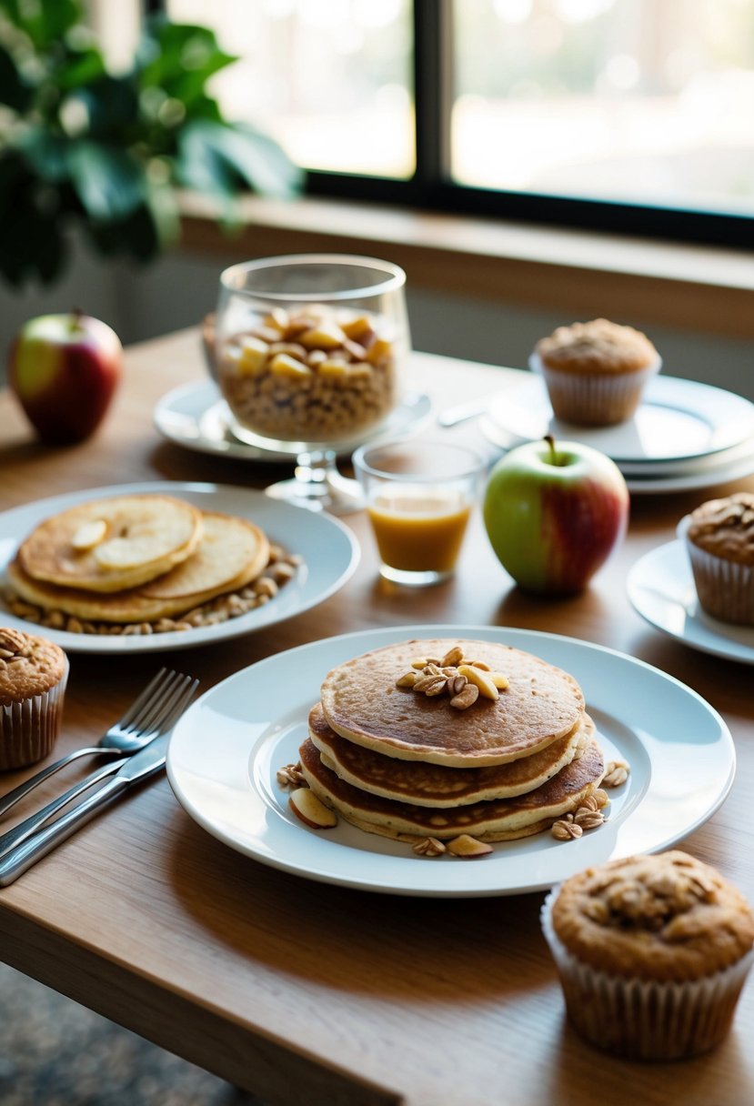 A table set with a gluten-free apple breakfast spread, including apple pancakes, apple cinnamon oatmeal, and apple almond muffins