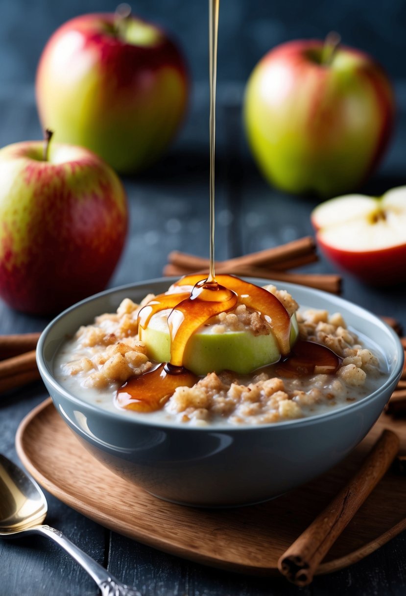 A steaming bowl of apple cinnamon oatmeal topped with drizzled maple syrup, surrounded by fresh apples and cinnamon sticks