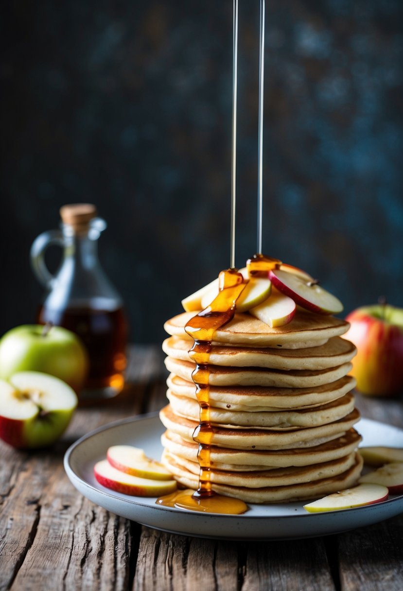 A stack of golden gluten-free apple pancakes topped with sliced apples and drizzled with maple syrup on a rustic wooden table