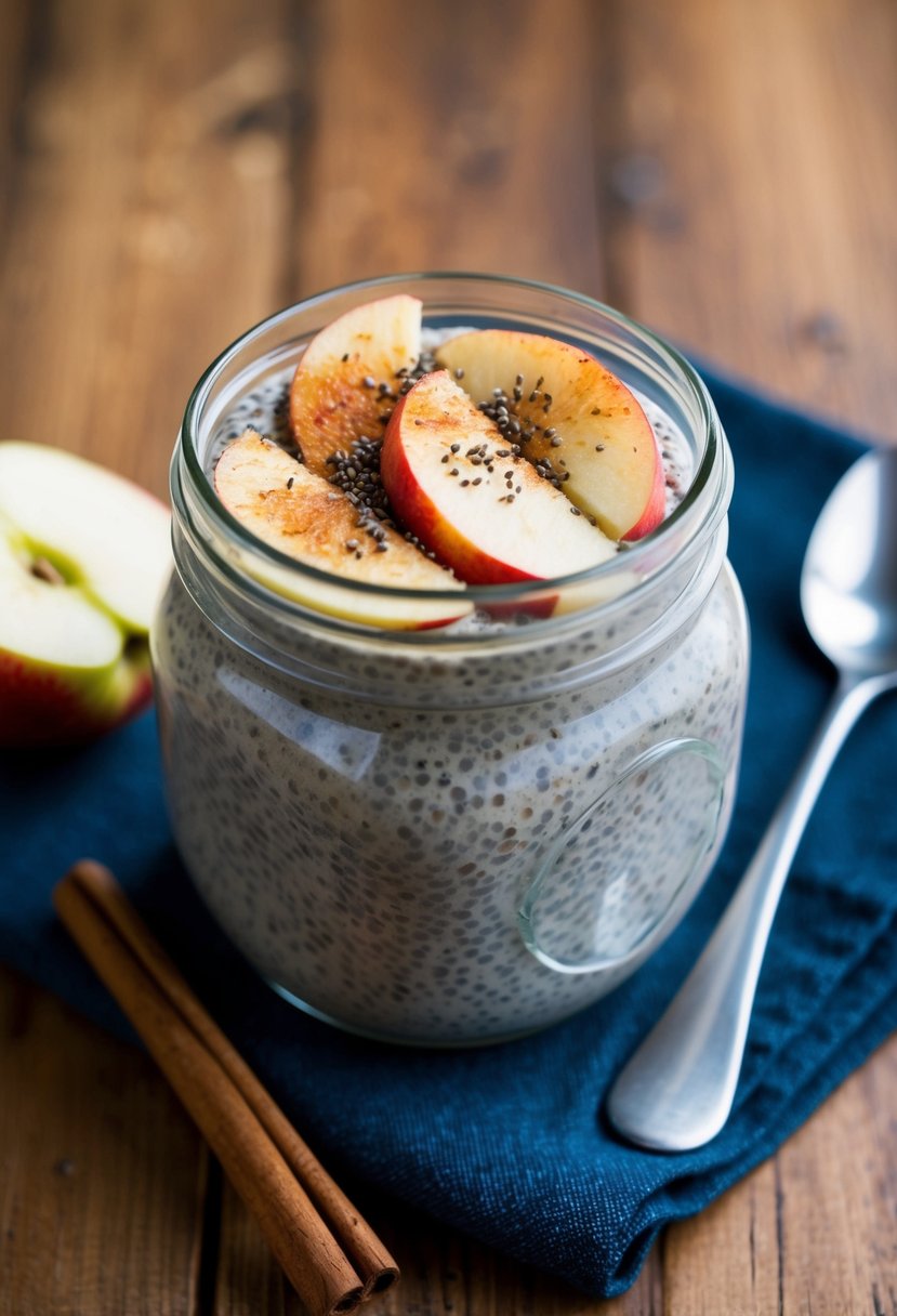 A glass jar filled with chia seed pudding topped with sliced apples, cinnamon, and a sprinkle of chia seeds, set on a wooden table