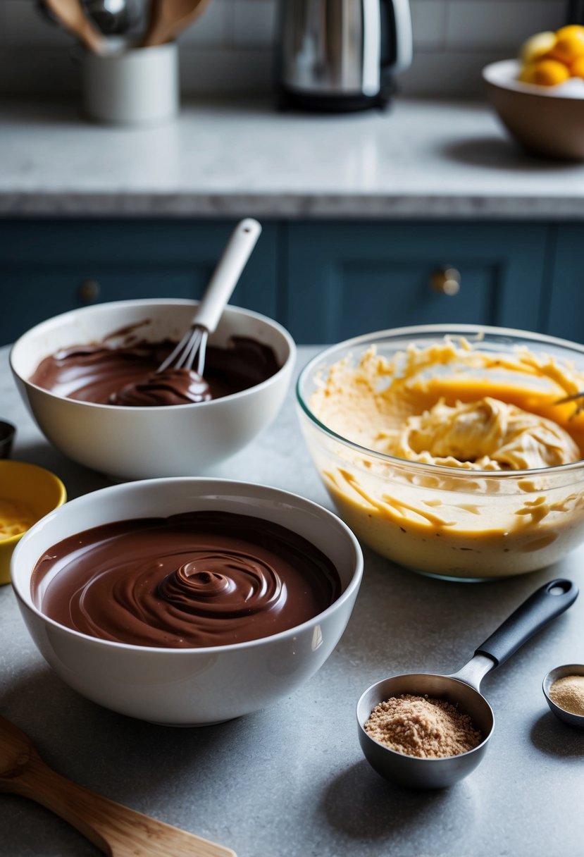 A bowl of melted chocolate and a bowl of mixed cake batter sit on a kitchen counter. Ingredients and utensils are scattered around